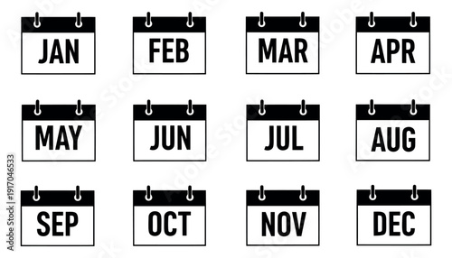 Simple line art calendar icons set featuring all twelve months of the year for scheduling and planning