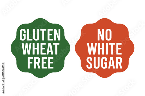 Gluten wheat free and no white sugar labels are shown on a white.