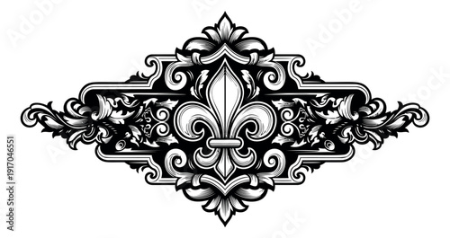 Ornate hand drawn illustration of a fleur de lis emblem depicting intricate baroque details for luxury branding