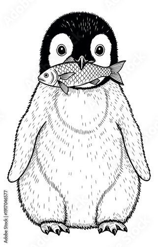 Hand drawn line art illustration of a baby penguin depicting holding a fish in its mouth for animal concepts