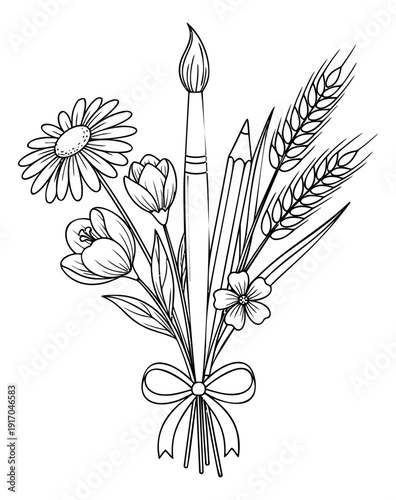 Hand drawn line art illustration of a creative bouquet depicting a paintbrush, pencil, flowers, and wheat tied with a bow for artistic and educational designs