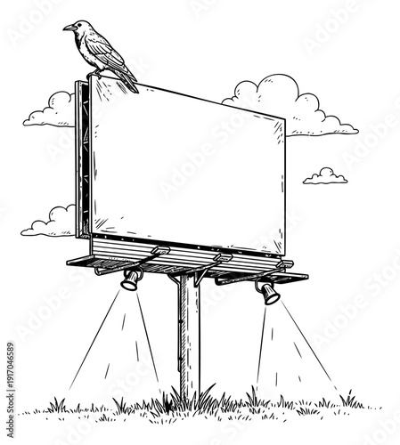 Hand drawn line art illustration of a blank billboard depicting a bird perched on top for outdoor advertising