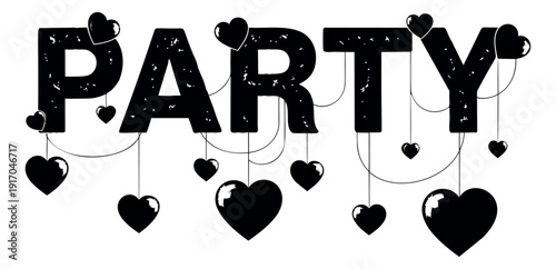 Distressed graphic illustration of the word party depicting hearts and decorative lines for celebrations, love, and events