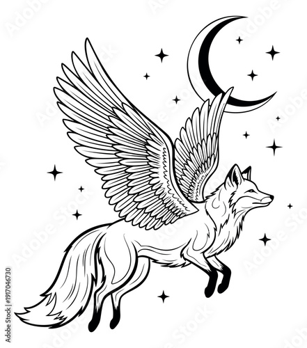 Line art illustration of a winged fox depicting flying with a crescent moon and stars for mystical themes