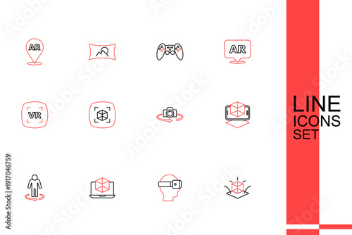 Set line 3d modeling, Virtual reality glasses, 360 degree view, and icon. Vector