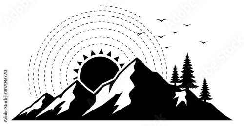 Minimalist line art illustration of a mountain landscape depicting a sunrise or sunset with trees and birds for nature and outdoor themes