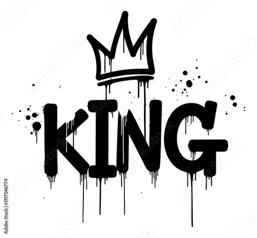 Graffiti style illustration of the word 'King' with a crown depicting dripping paint and splatters for urban culture designs
