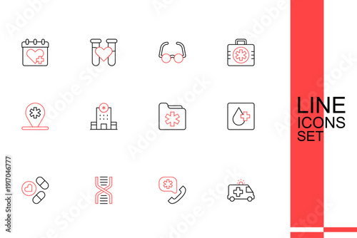 Set line Ambulance car, Emergency call 911, DNA symbol, Medicine pill or tablet, Blood test, Medical health record folder, Hospital building and Location hospital icon. Vector