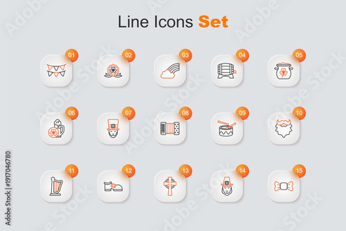 Set line Bow tie, Leprechaun, Celtic cross, boot, Harp, Mustache and beard, Drum with drum sticks and Accordion icon. Vector