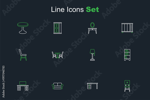Set line Chair, Office desk, Sofa, Lamp hanging, Floor lamp, Table with chair and icon. Vector