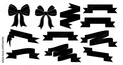 Silhouette ribbon and bow set featuring various black shapes for gift wrapping and decoration