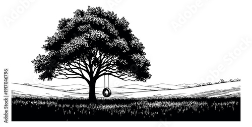 Hand drawn line art illustration of a tree with a tire swing depicting a peaceful countryside landscape for nature themed designs