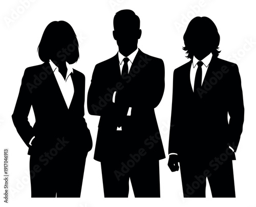 Silhouette business people set featuring three diverse business professionals for corporate representation