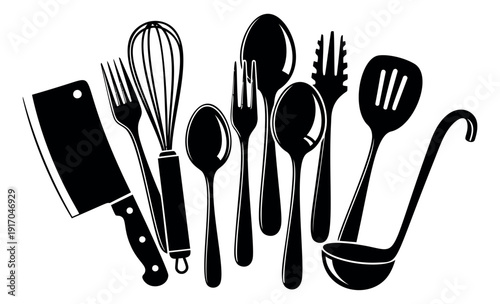 Modern kitchen utensils set featuring a cleaver, whisk, forks, spoons, and a spatula for cooking