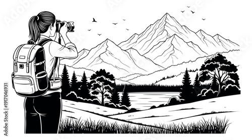 Hand drawn line art illustration of a female photographer depicting capturing a scenic mountain landscape for outdoor adventure travel