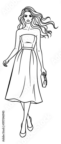 Hand drawn line art illustration of an elegant woman depicting a confident walk with a clutch bag for fashion