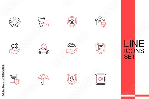 Set line Safe, Shield with dollar, Umbrella, Contract shield, Delivery security, Car insurance, Burning car and Lifebuoy hand icon. Vector