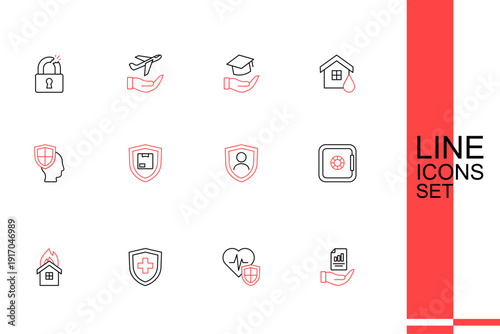Set line Contract in hand, Life insurance with shield, Fire burning house, Safe, Delivery security and icon. Vector