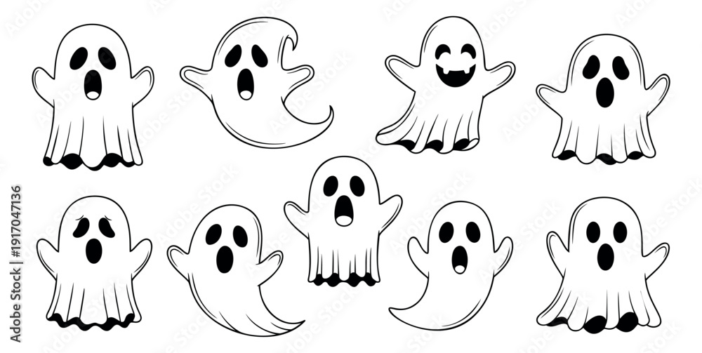 Obraz premium Hand drawn line art ghost characters set featuring various spooky and funny expressions for Halloween celebration