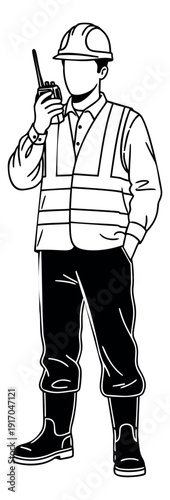 Hand drawn line art illustration of a construction worker depicting holding a walkie talkie for construction site communication