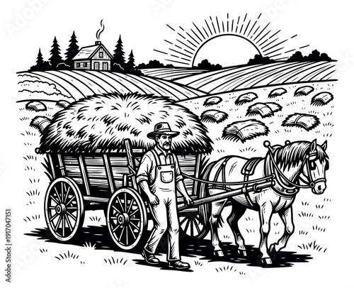 Hand drawn line art illustration of a farmer with a horse and cart depicting hay collection in a field for rural farm life