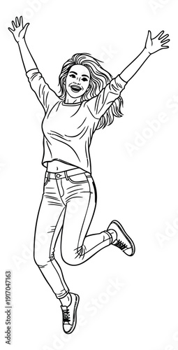 Hand drawn line art illustration of a young woman depicting a joyful jump for expressing happiness and energy