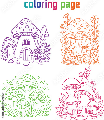 Whimsical Mushroom Houses and Forest Flowers A Charming Fantasy Coloring Page for Kids and Adults  DIY Crafts, Activity Books, and Printable Art