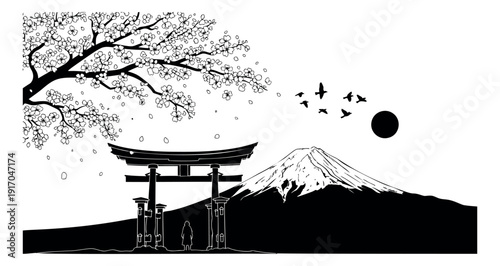 Black and white line art and silhouette illustration of a Japanese landscape depicting Mount Fuji, a torii gate, and cherry blossoms for travel and tranquility