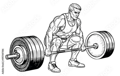 Line art illustration of a muscular man depicting a deadlift workout for strength training concepts