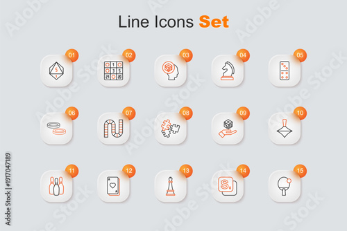 Set line Racket, Bingo, Chess, Playing cards, Bowling pin, Whirligig toy, Game dice and Puzzle pieces icon. Vector