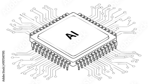 Line art illustration of an AI processor depicting advanced computing and connectivity for technology and innovation concepts