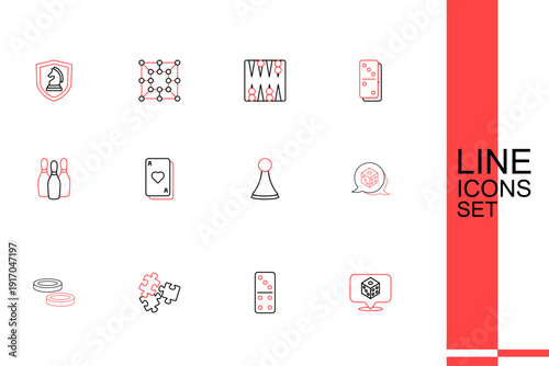 Set line Game dice, Domino, Puzzle pieces toy, Checker game chips, Chip for board, Playing cards and Bowling pin icon. Vector