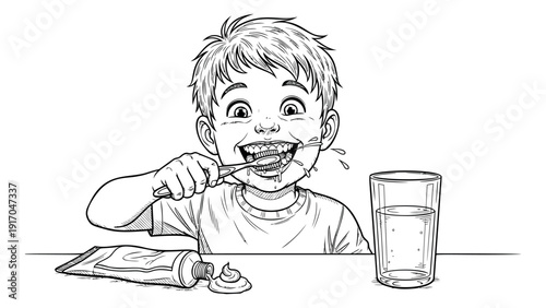 Hand drawn line art illustration of a young boy depicting brushing his teeth for daily oral care routine