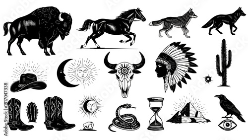 Wild West americana symbols including buffalo, cowboy hat, boots, Native American chief, snake, and desert elements