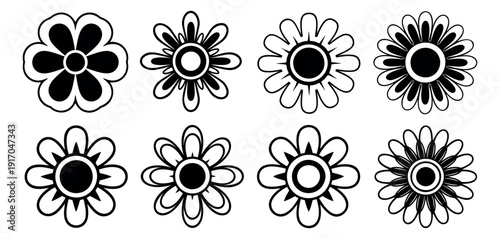Stylized monochrome flower set featuring various black and white floral designs for decorative purposes