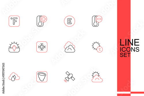 Set line Sun and cloud weather, Satellite, Tornado, Cloud with rain, Snowflake and Sunset icon. Vector