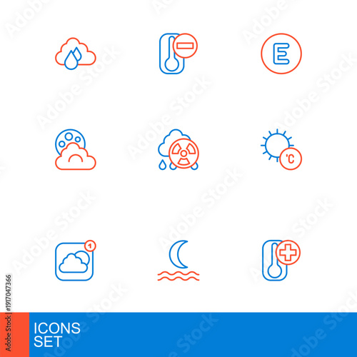 Set line Thermometer, Night fog or smoke, Weather forecast app, Sun, Cloud with moon, Acid rain radioactive cloud, Compass west and icon. Vector