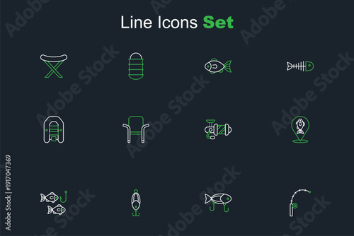 Set line Fishing rod, lure, hook with fish, Location fishing, Spinning reel for, Camping folding chair and Inflatable boat motor icon. Vector