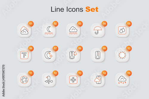 Set line Cloud with snow, Weather forecast app, Snowflake, Rooster weather vane, Moon, Sun, Thermometer and icon. Vector
