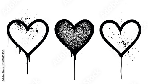 Graffiti style heart set featuring three hearts with spray paint effects and splatters for conveying love and urban art