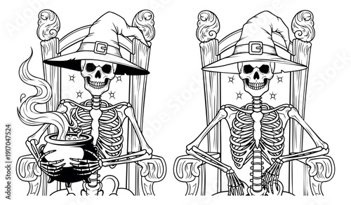 Hand drawn line art Halloween set featuring skeletons in witch hats and a cauldron for spooky designs