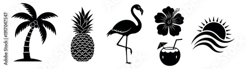 Simple graphic tropical icon set featuring a palm tree, pineapple, flamingo, hibiscus flower, coconut drink, and sun over waves for summer vacation