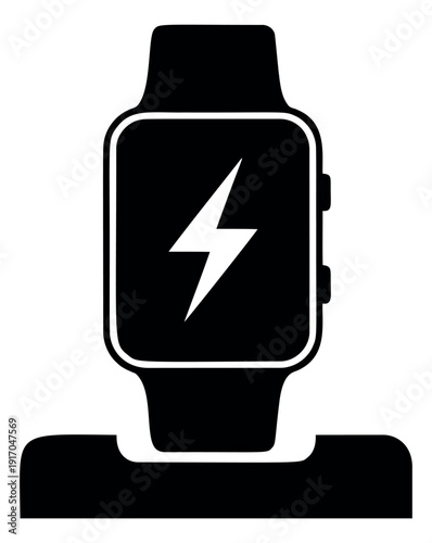 Solid icon illustration of a smartwatch on a charger depicting charging for technology applications