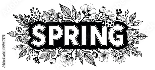 Hand drawn line art illustration of the word 'spring' depicting a floral design with a ladybug for seasonal greetings