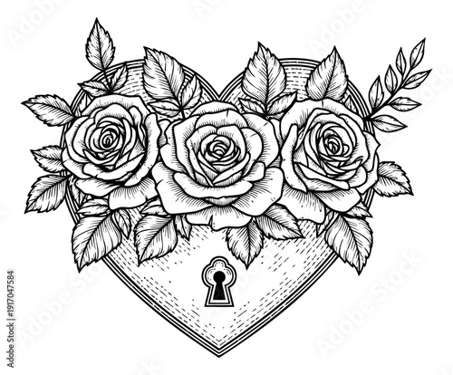 Hand drawn line art illustration of roses on a heart with a keyhole depicting romantic symbolism for love concepts