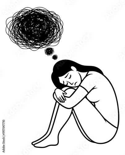 Line art illustration of a woman depicting mental distress for emotional health awareness