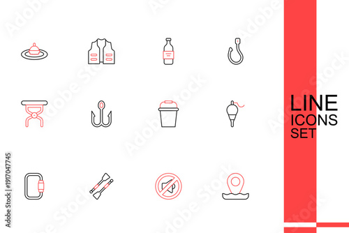 Set line Location fishing, Speaker mute, Oars or paddles boat, Carabiner, Fishing float, bucket, hook and Camping folding chair icon. Vector