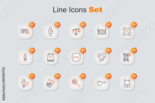 Set line Obesity, Sports nutrition proteine, GMO, Palm oil free, Healthy lifestyle, No, Calcium and Kcal icon. Vector