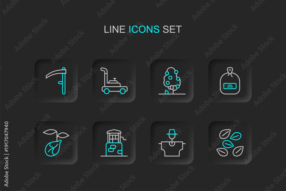 Naklejka premium Set line Seeds of specific plant, Scarecrow, Well, Sprout, Pack full seeds, Fruit tree, Lawn mower and Scythe icon. Vector