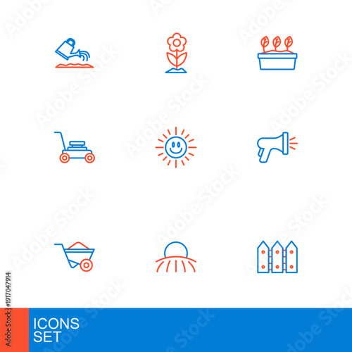 Set line Garden fence wooden, Sunrise, Wheelbarrow, hose, Lawn mower, Plant in pot and Flower icon. Vector